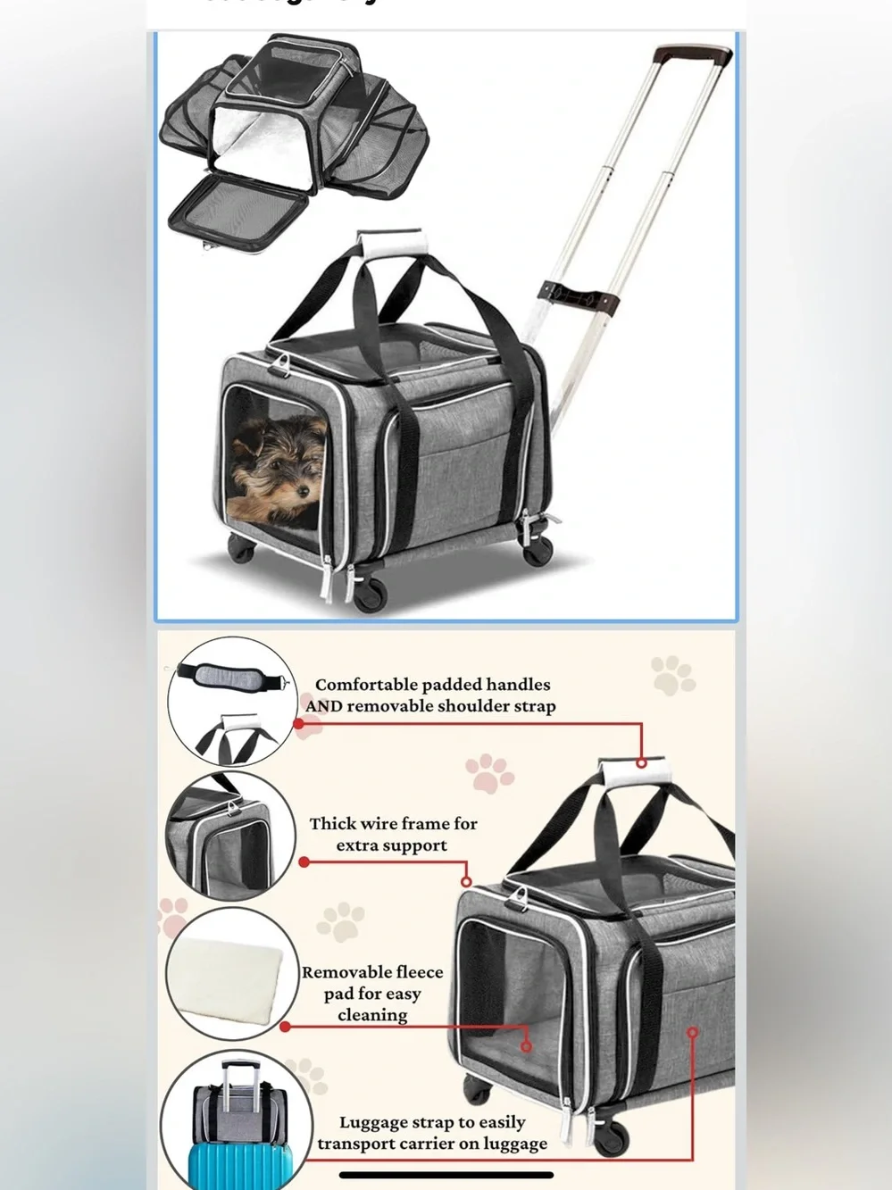 Grey Rolling Pet Carrier Tote - Travel-Ready dog/cat  Carrier